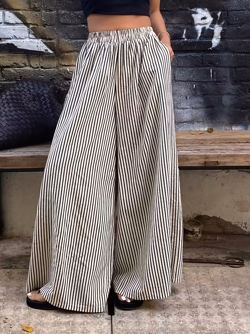 womens striped wide leg pants with elastic waist casual polyester machine washable high contrast vertical stripes comfortable   wear Product details 6
