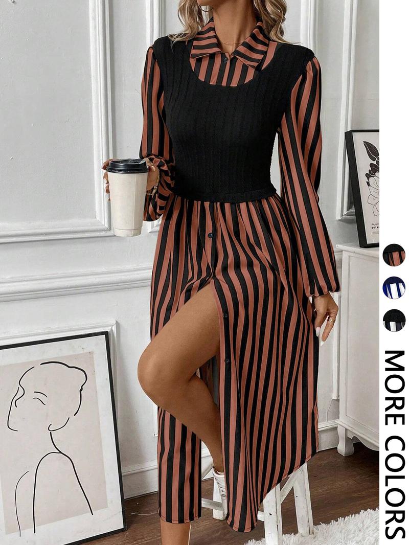 Women's Long Sleeve Striped Button Front Shirt Dress, Layered Design, Casual Spring & Fall Fashion, Elegant Women's Clothing