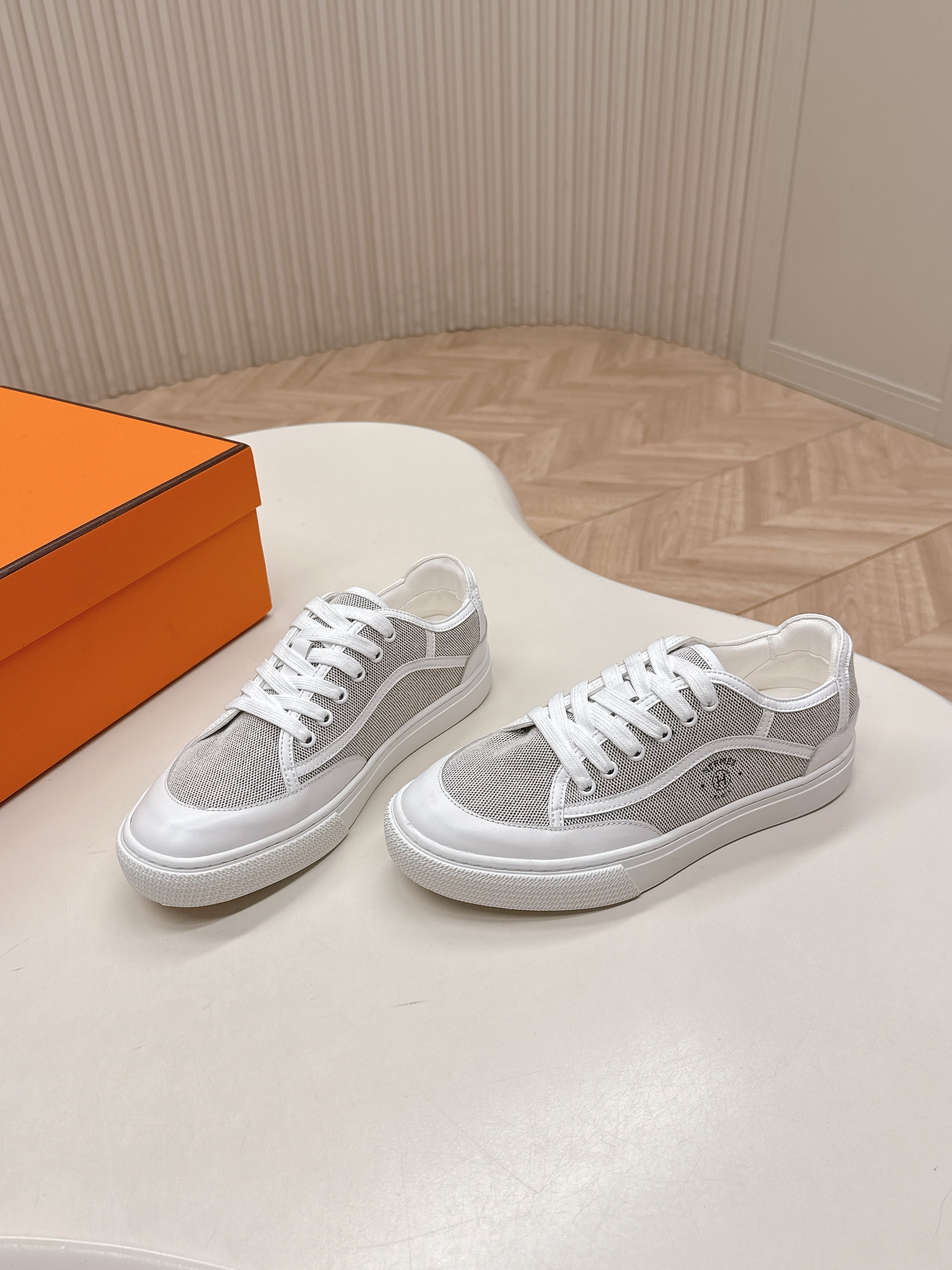 HM 25S SNEAKER LOW SPORTS IN GREY CANVAS MIX WHITE LAMBSKIN、mysite、Cacoeks