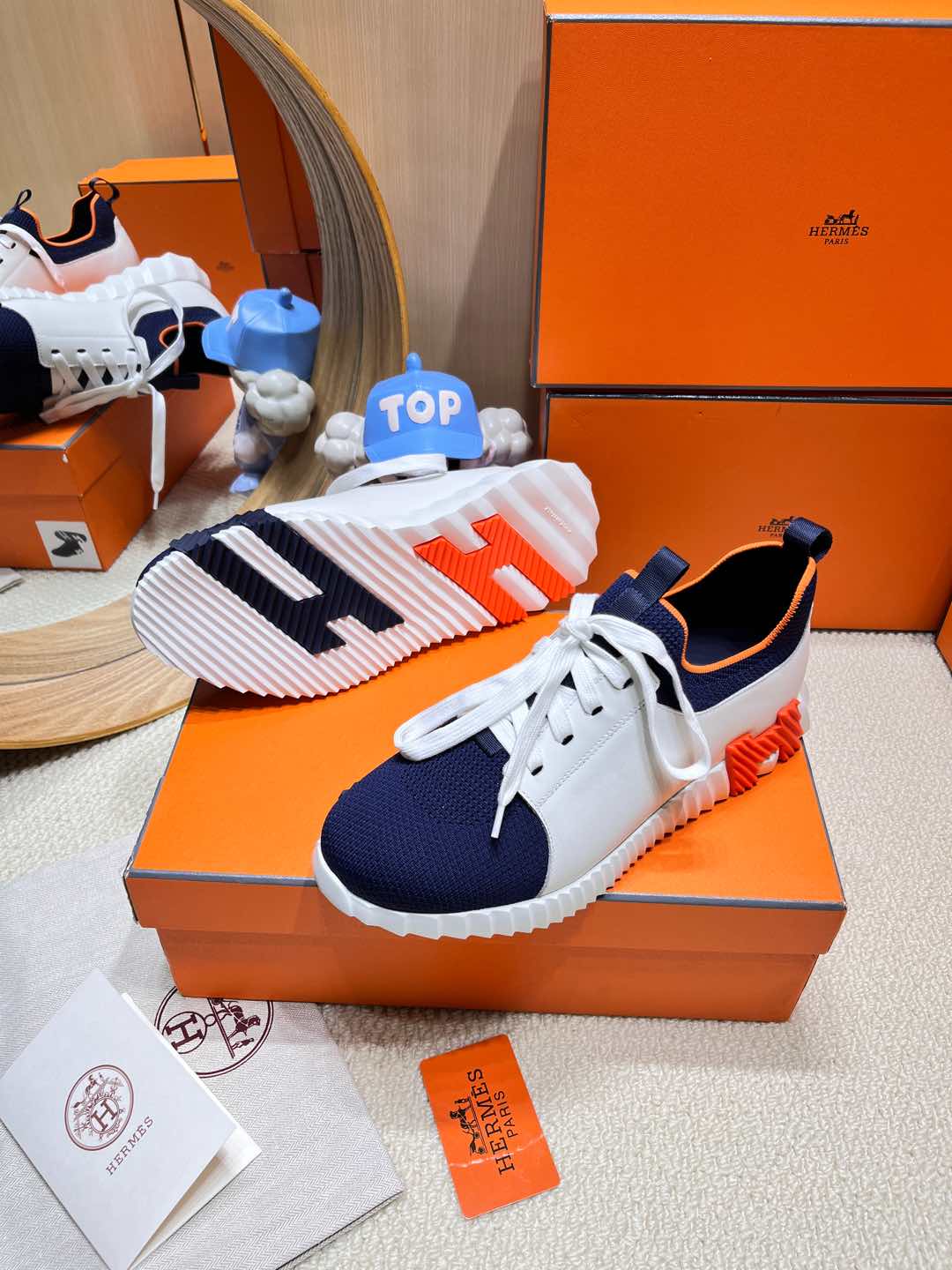 DEPART SLIP-ON SNEAKER IN NAVY BLUE KNIT AND WHITE CALFSKIN、mysite、Cacoeks