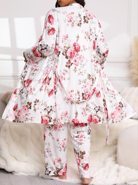【Plus Size】 Three-Piece Set Floral Print Belted Lounge Robe & Cami Top & Elastic Waist Pants Pyjama Set, Elegant Comfy Drop Shoulder Long Sleeve Robe & Sleeveless Top & Bow Decor Trousers PJ Set, Women's Sleepwear for Spring & Fall, Pajamas