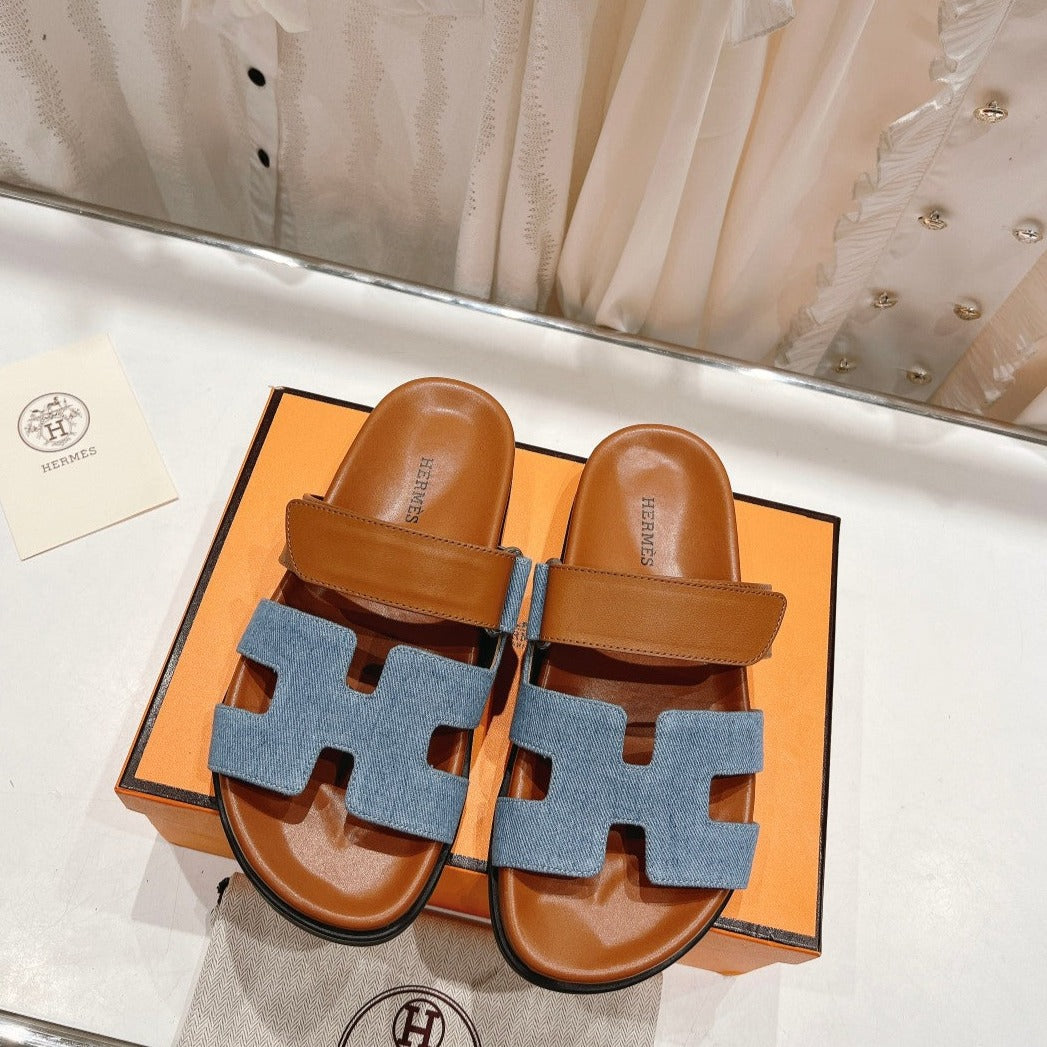 CHYPRE SANDAL BRIGHT BROWN LAMBSKIN AND BLUE DENIM、mysite、Cacoeks