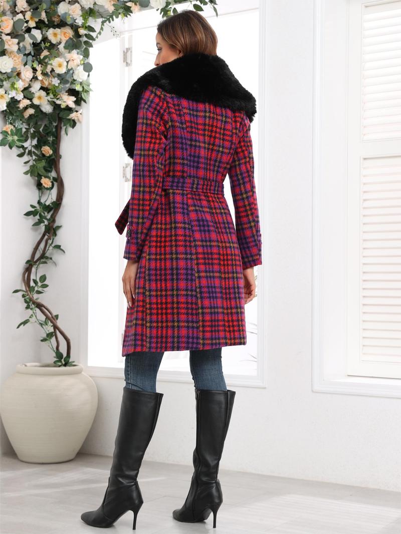 Women's Plaid Print Double Button Belted Woolen Coat, Casual Long Sleeve Collar Outerwear for Fall & Winter, Ladies Clothes for Daily Wear, Casual Fashionable Jacket