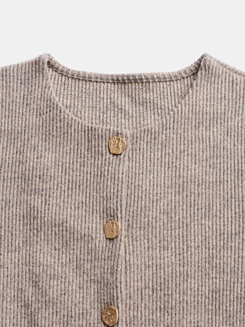 Women's Autumn Winter Set, Knitted Boat Neck Top with Buttons & Ribbed Long Pants, Casual Loose Fit for Ladies