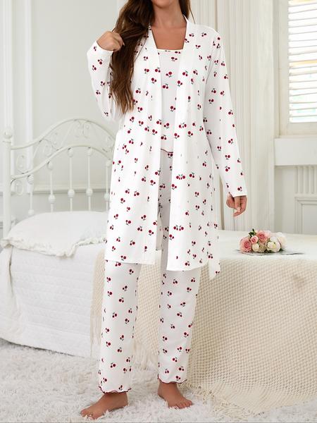 Cherry Print Women's Nightgown Set + Strap Pants, Comfortable Casual Home Wear, All-Season Fitted Sleepwear, Moderate Fabric Cherry Print Women's Nightgown Set + Strap Pants, Comfortable Casual Home Wear, All-Season Fitted Sleepwear, Moderate Fabric