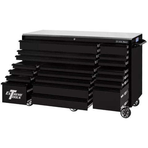 Black Extreme Tools RX 72 Tool Chest With Multiple Drawers All Open Featuring The Extreme Tools Logo On The Front