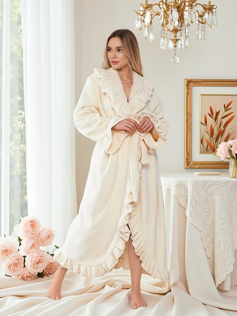 Fall & Winter Fitted Flannel Long Sleeved Robe with Ruffle Hem, Cozy Warmth and Elegant Style, Thick and Soft Layered Bathrobe