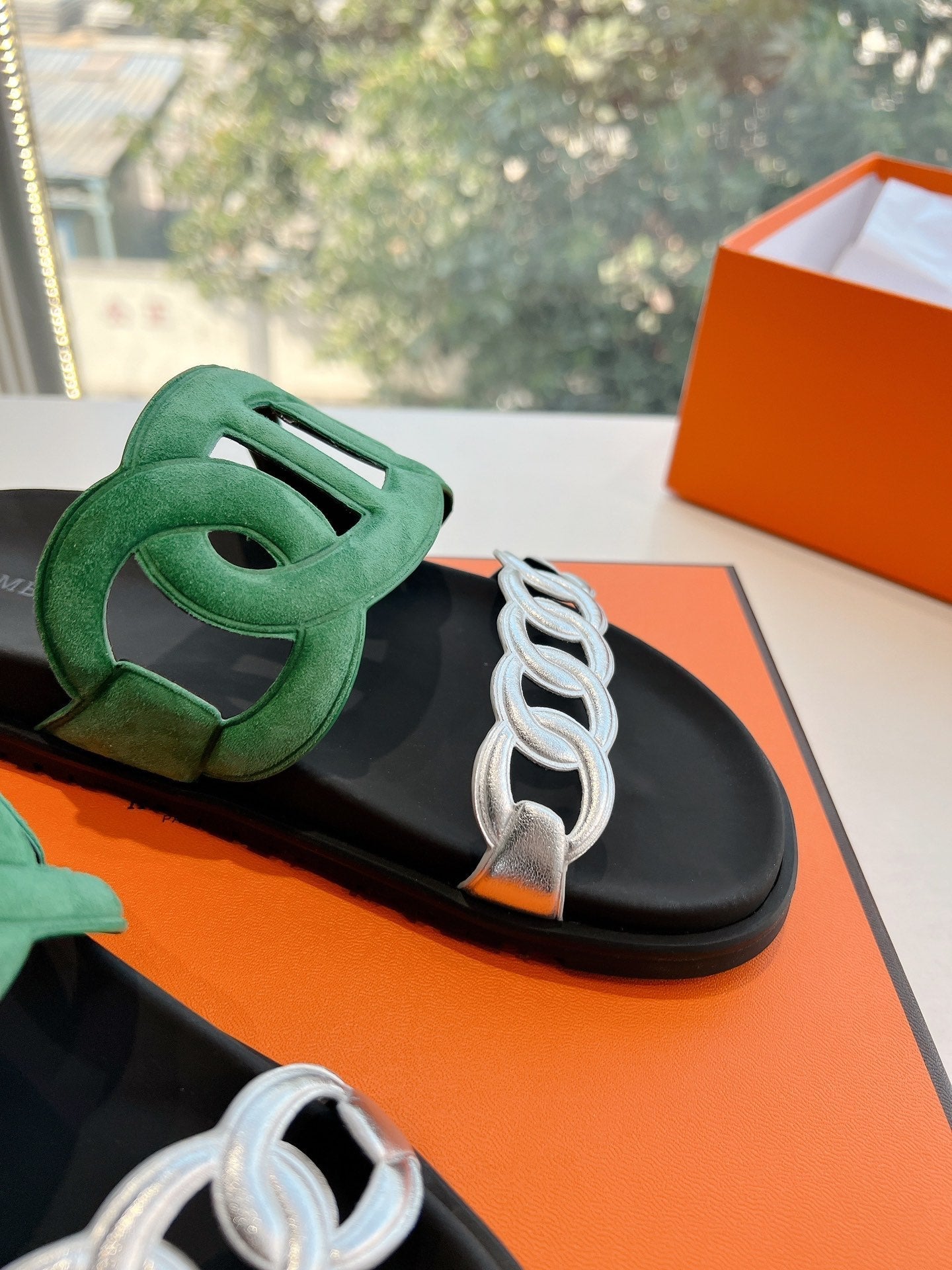 EXTRA SANDAL IN MEDIUM GREEN MIX SILVER CALFSKIN、mysite、Cacoeks