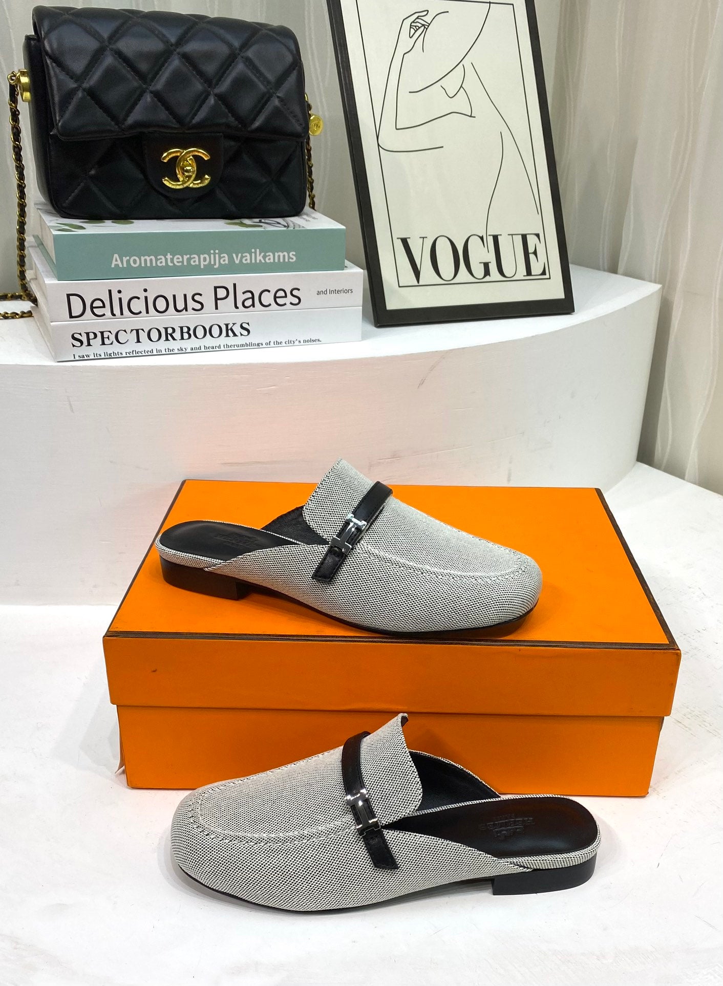 IENA MULE GRAY CANVAS AND BLACK CALFSKIN、mysite、Cacoeks