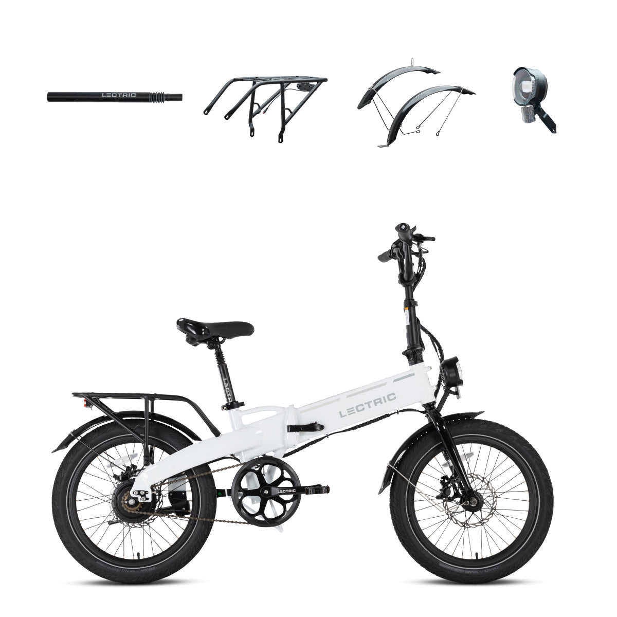 XP Lite 2.0 Arctic White Long-Range + FREE Rear Rack, Fenders, Elite Headlight, Suspension Seat Post ($316 Value)、mySite、bearsvspackers
