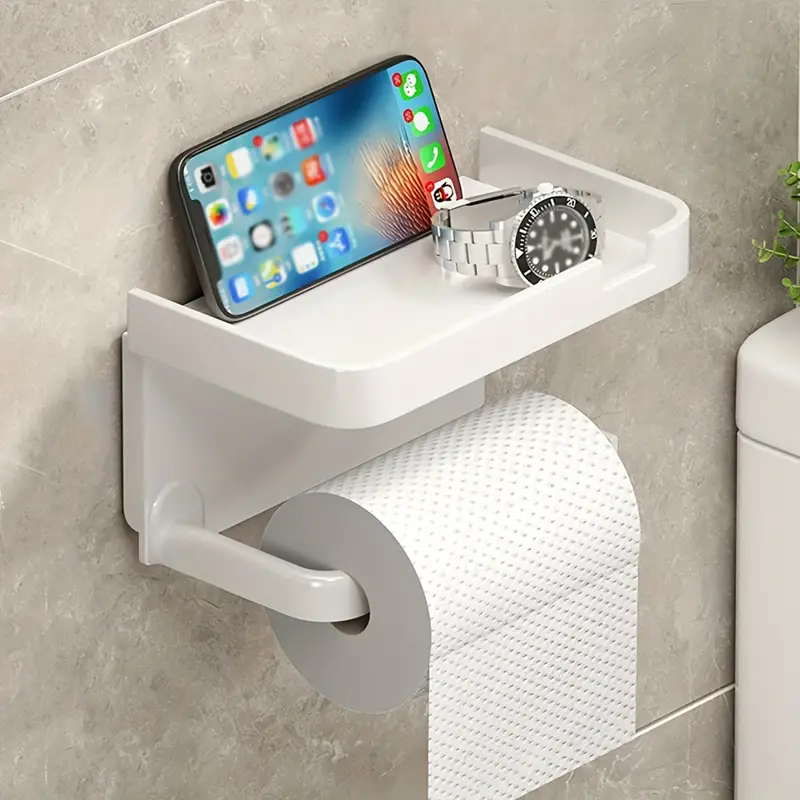 1pc toilet paper storage rack bathroom wall mounted stainless steel holder non punching adhesive tissue box shelf dual purpose storage rack mobile phone holder toiletry organizer bracket bathroom and toilet supplies details 0