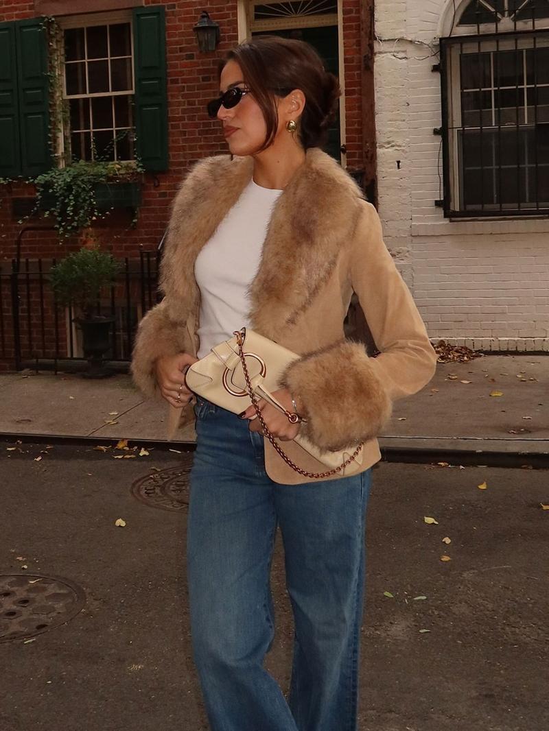 Women's Vintage Suede Jacket Coat, Faux Fur Trimmed Collar Cuffs and Button Design, Slim Fit Fall Winter Fashion Outerwear