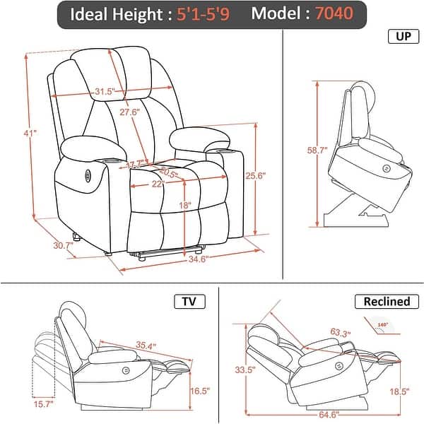 dimension image slide 1 of 3, MCombo Electric Power Lift Recliner Chair Sofa with Massage and Heat for Elderly, 3 Positions, USB Ports, Faux Leather 7040