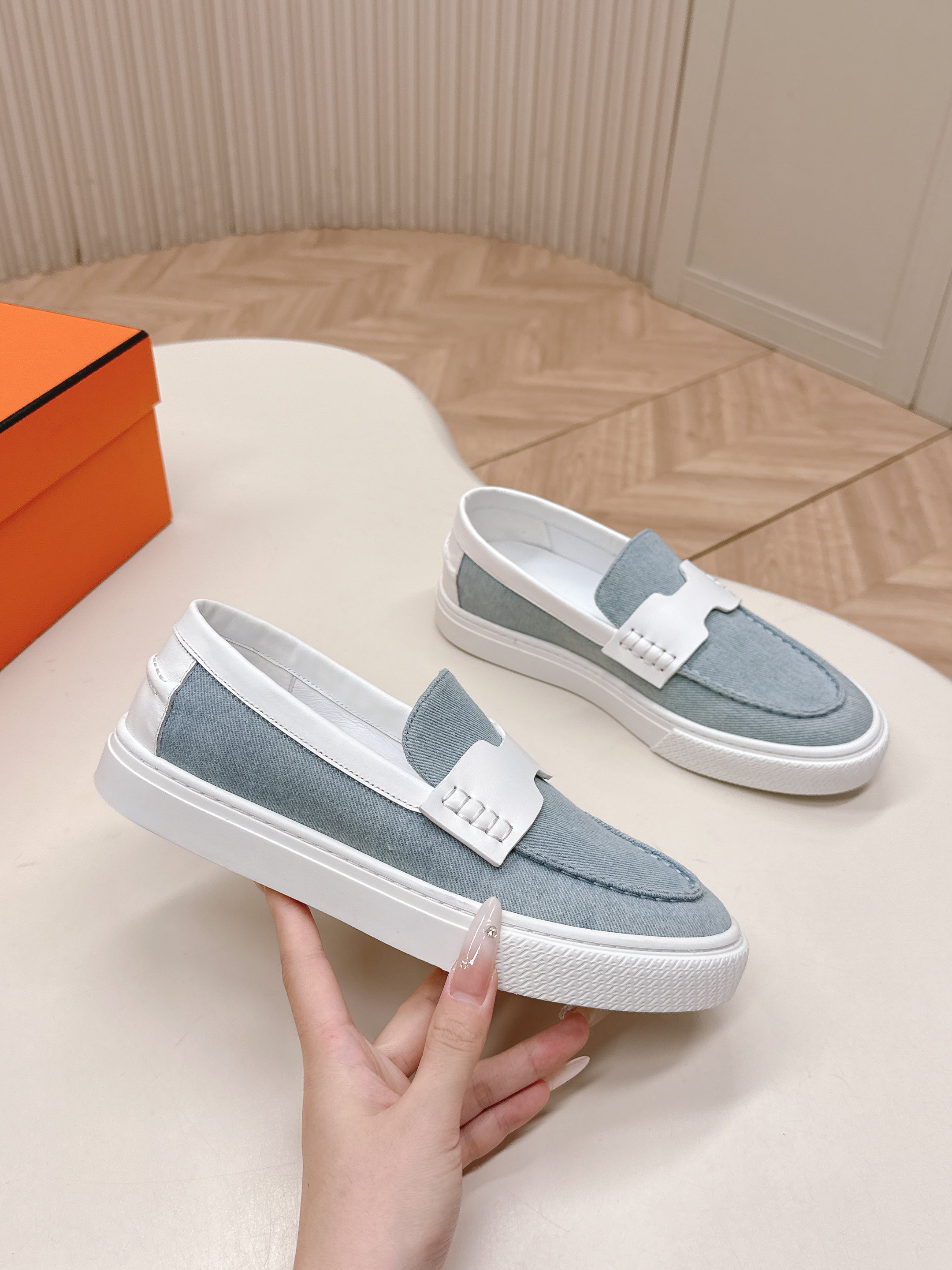 HM 25S SLIP-ON IN BLUE DENIM AND WHITE LAMBSKIN、mysite、Cacoeks