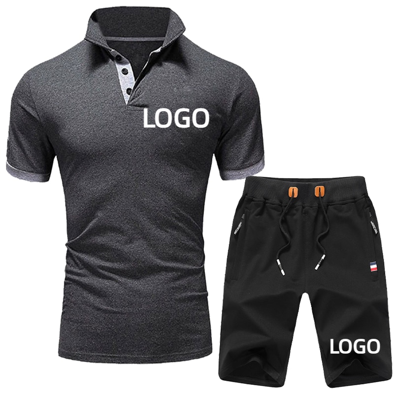 Custom LOGO Men's 2 Pieces Set Summer Patchwork Polo Shirt and Shorts Brand Trend Fashion Casual Sport Streetwear Male Tracksuit