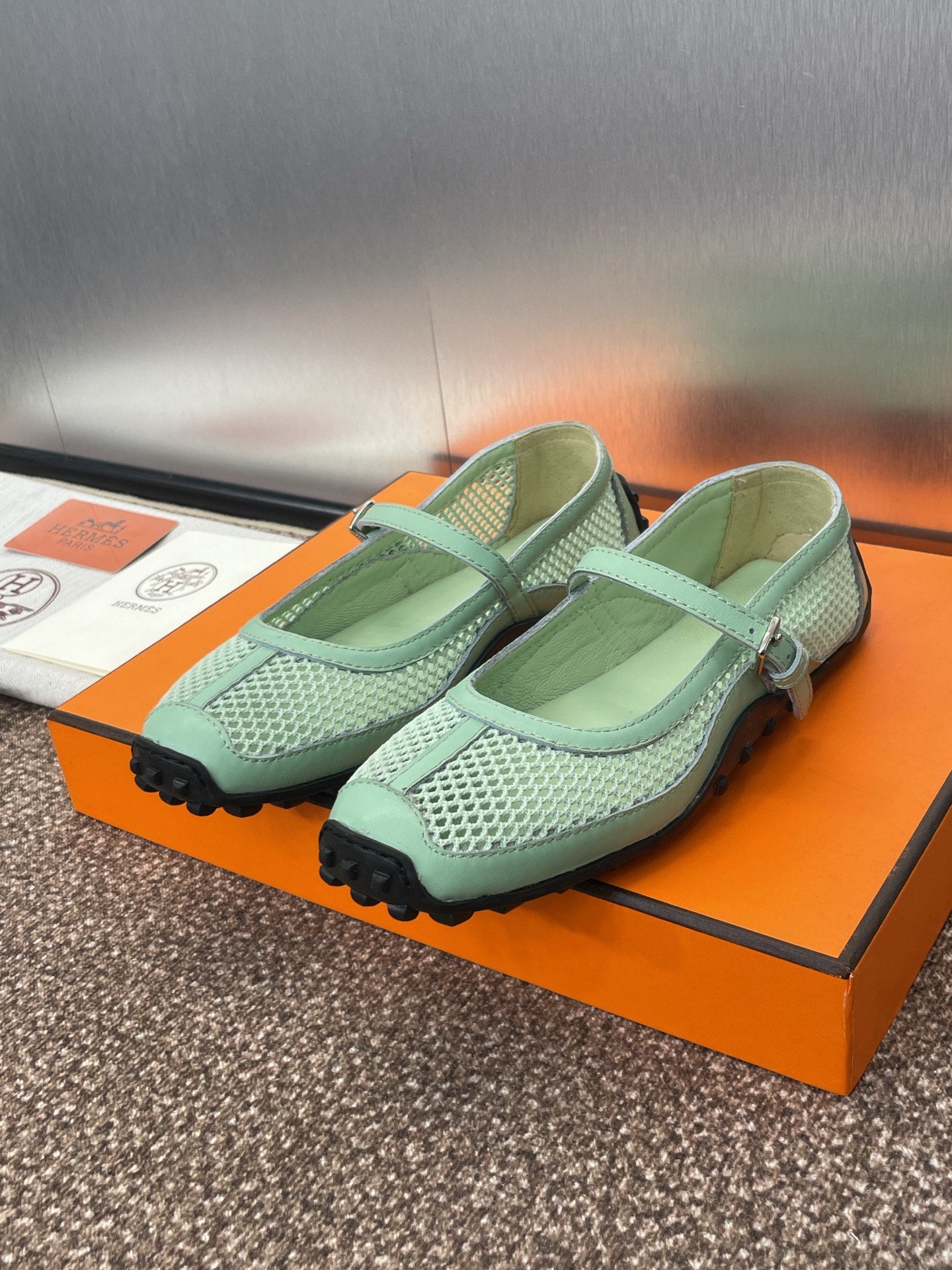 KICHU BALLET FLAT IN GREEN MINT CROCHET KNIT AND CALFSKIN、mysite、Cacoeks