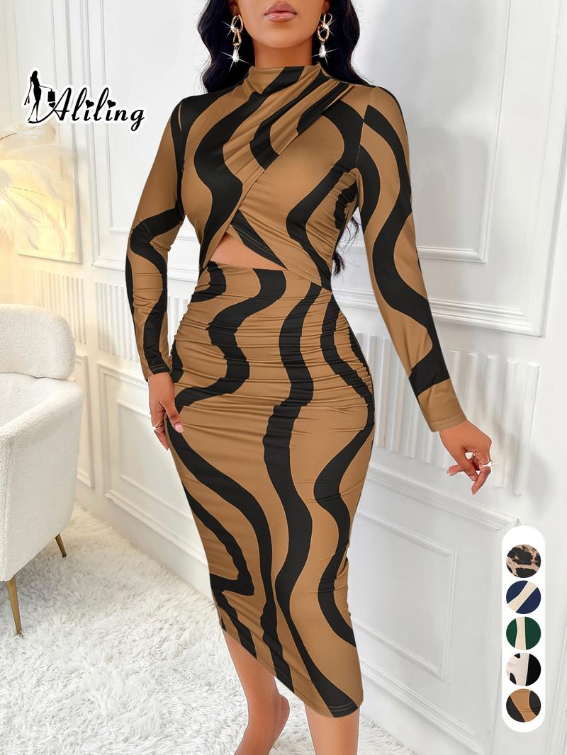 Aliling&nbsp;Women's Colorblock Print Cut Out Bodycon Dress, Elegant Fashion Casual Long Sleeve Dress for Daily Outdoor Wear, Women Dress for Spring Fall