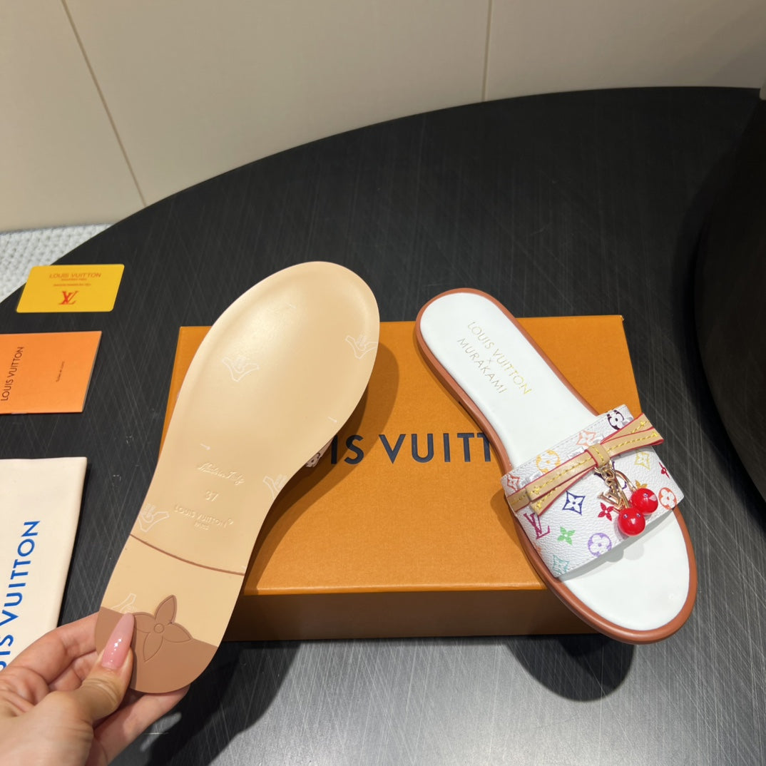 LV SLIDE SANDALS LOGO PRINT 25S IN WHITE CALFSKIN WITH CHERRY BLOSSOM BUCKLE、mysite、Cacoeks