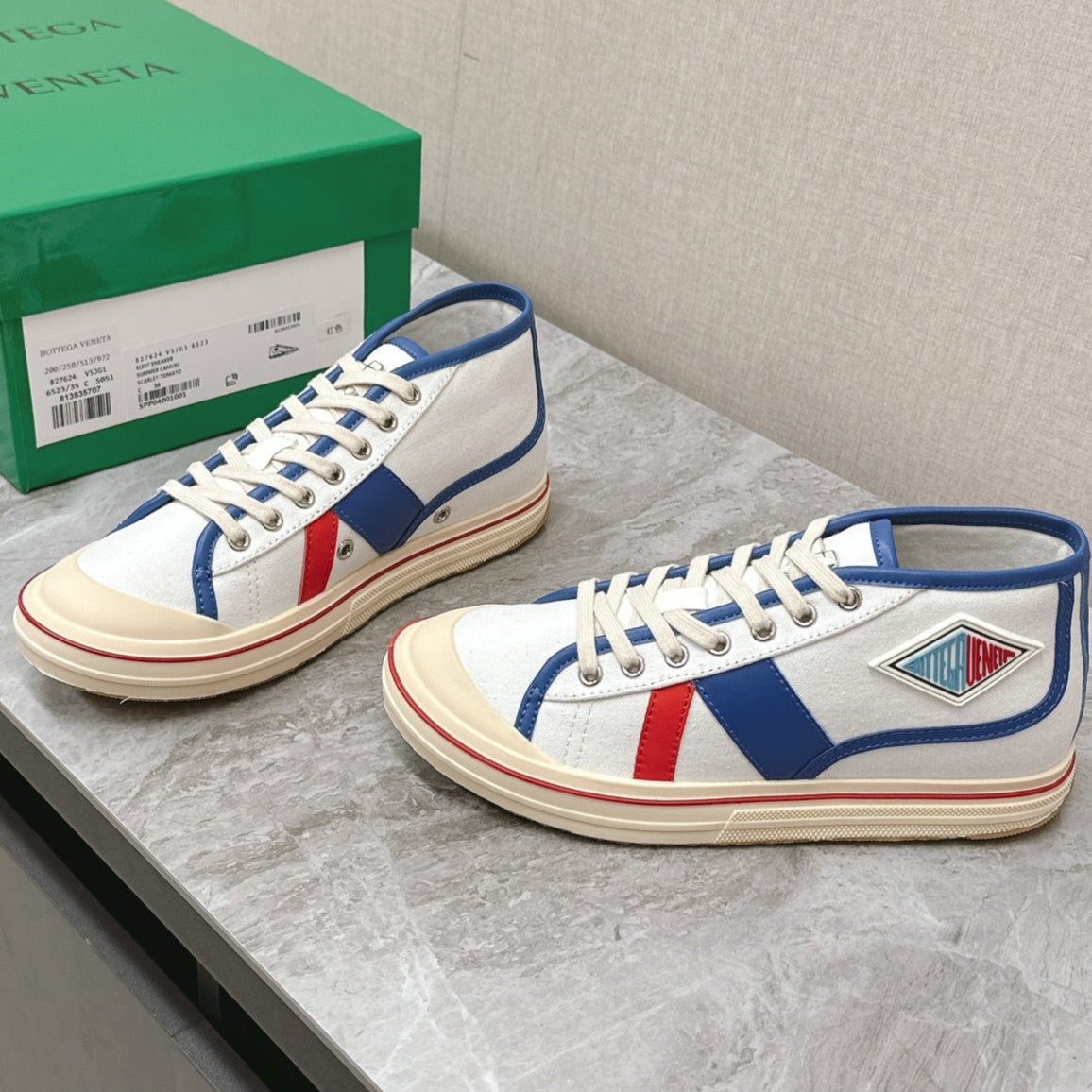 ELIOT SNEAKER IN WHITE CANVAS WITH NAVY BLUE CALFSKIN、mysite、Cacoeks