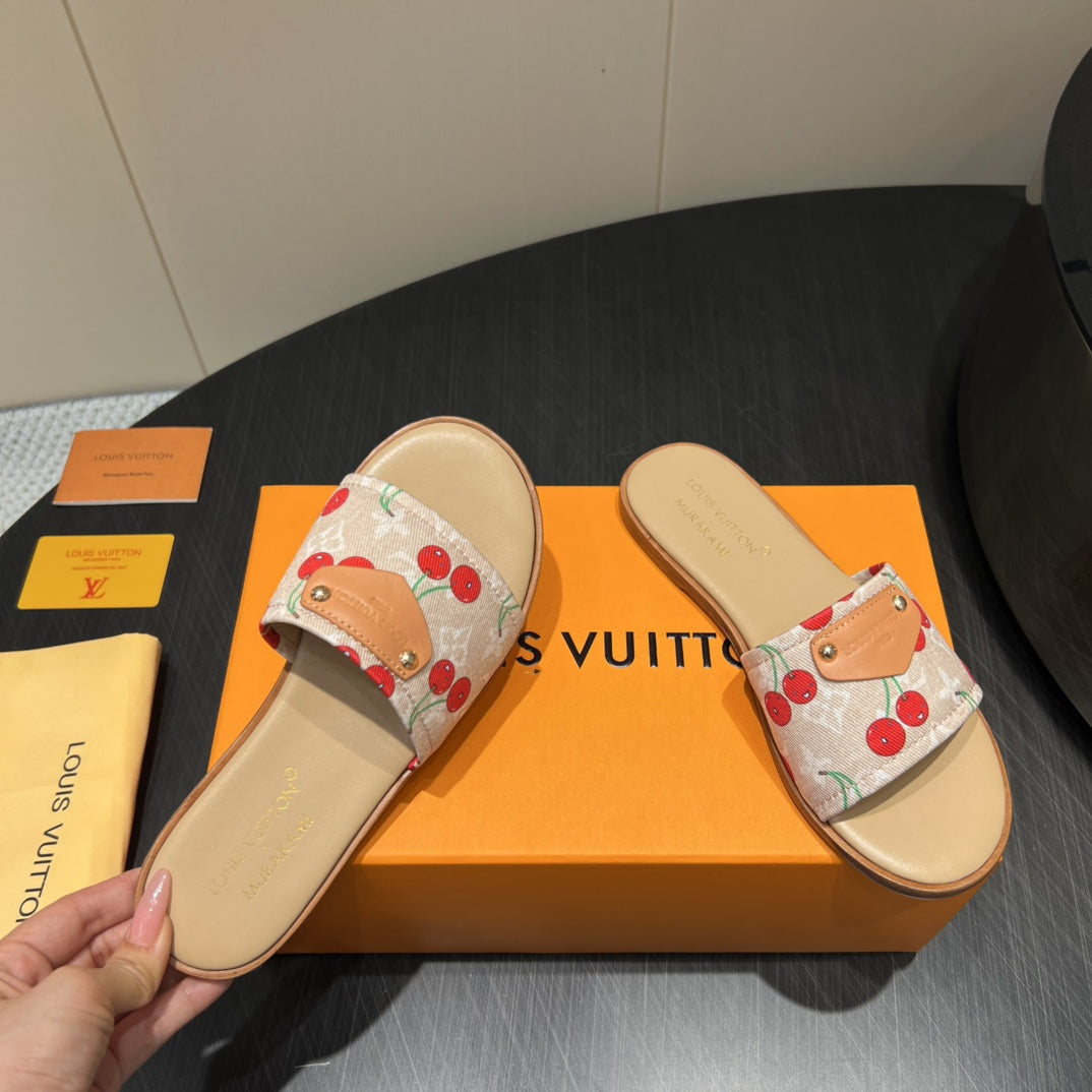 LV SLIDE SANDALS 25S IN BEIGE DENIM AND CALFSKIN WITH LOGO PRINT、mysite、Cacoeks