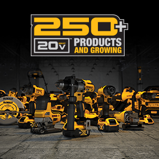 Graphic of 20V MAX 250+ PRODUCTS AND GROWING logo surrounded by several power tools. Graphic of 20V MAX 250+ PRODUCTS AND GROWING logo surrounded by several power tools.