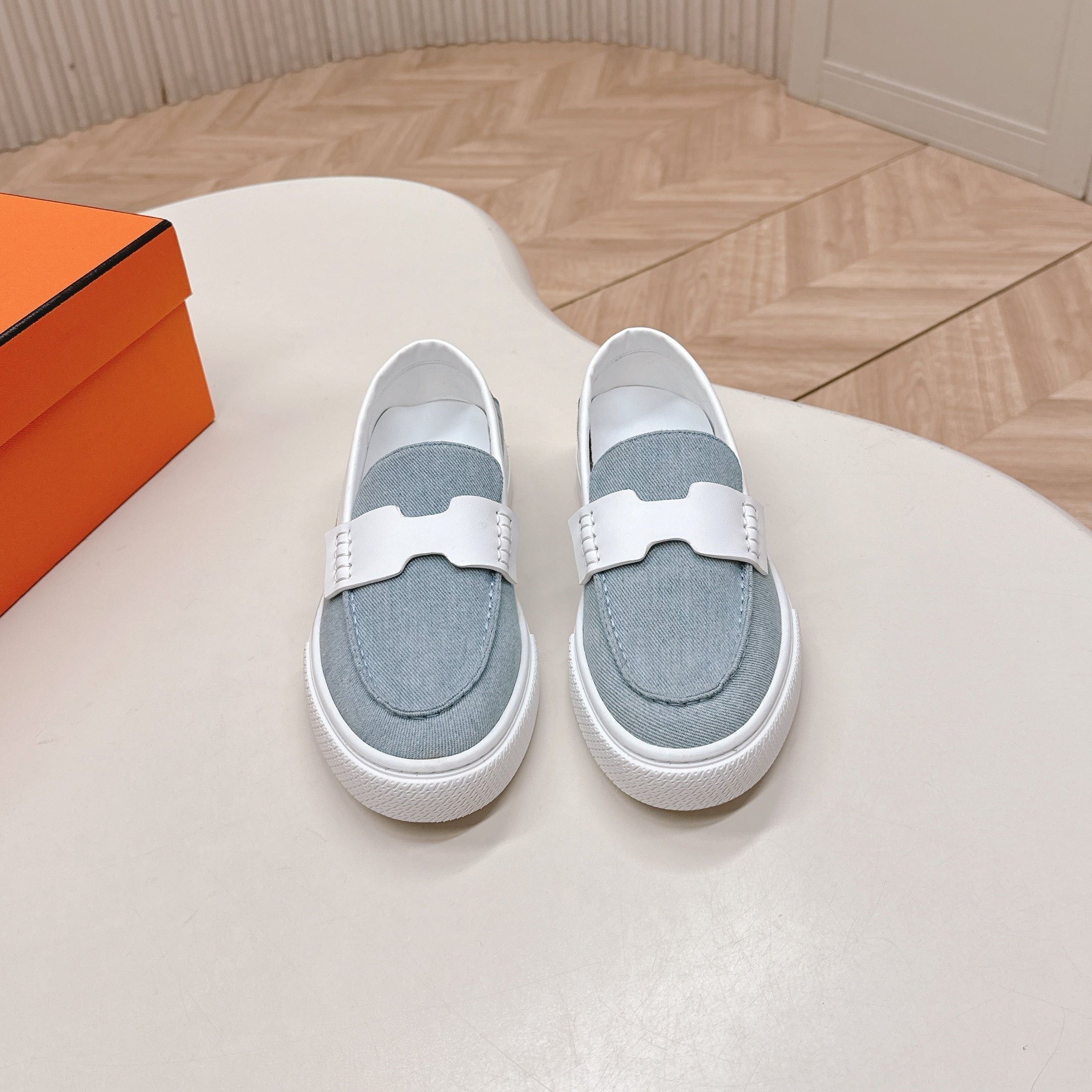 HM 25S SLIP-ON IN BLUE DENIM AND WHITE LAMBSKIN、mysite、Cacoeks