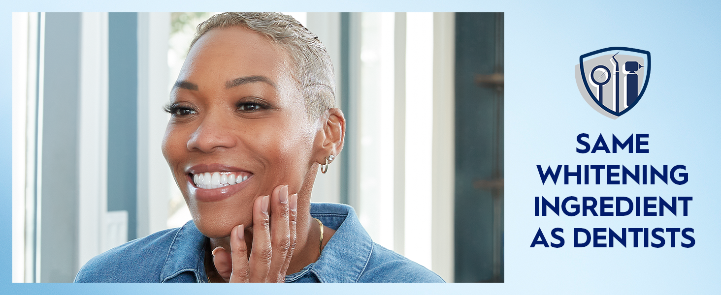 Woman smiles into mirror showing off her bright smile. Reads: Same Whitening Ingredient As Dentists.