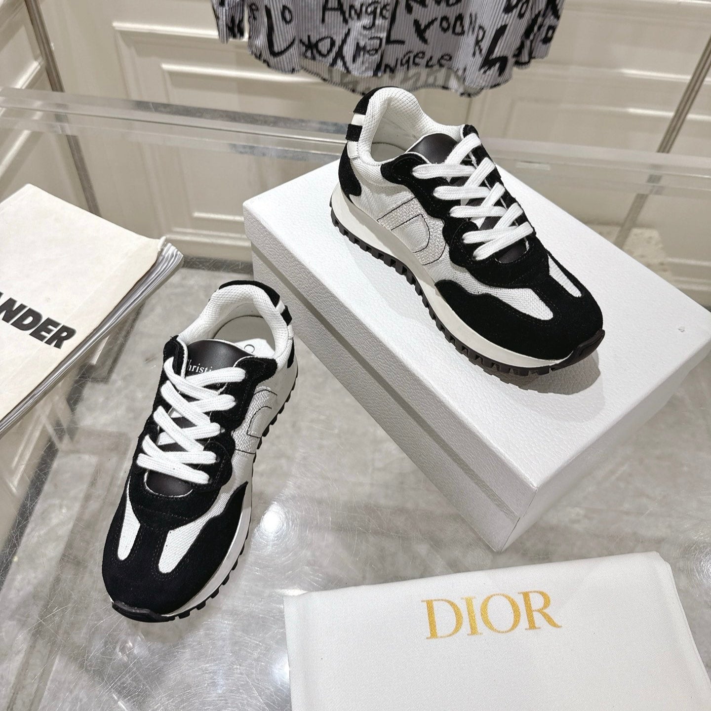 DIOR 25S C'EST DIOR SNEAKER IN WHITE BLACK CALFSKIN AND SUEDE、mysite、Cacoeks