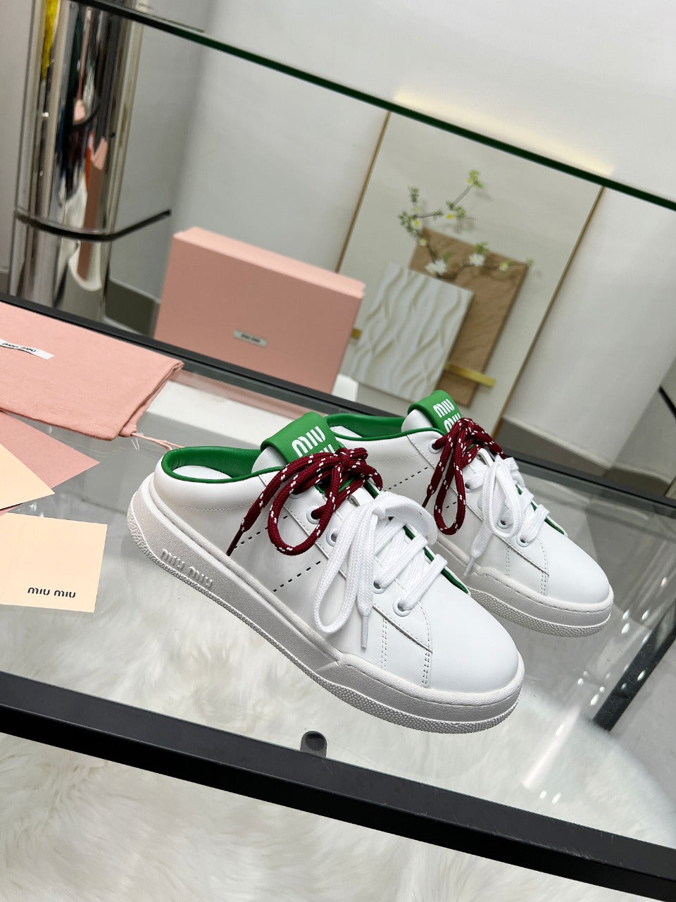SNEAKER MULES IN WHITE MIX GREEN CALFSKIN WHITE RED LACES、mysite、Cacoeks