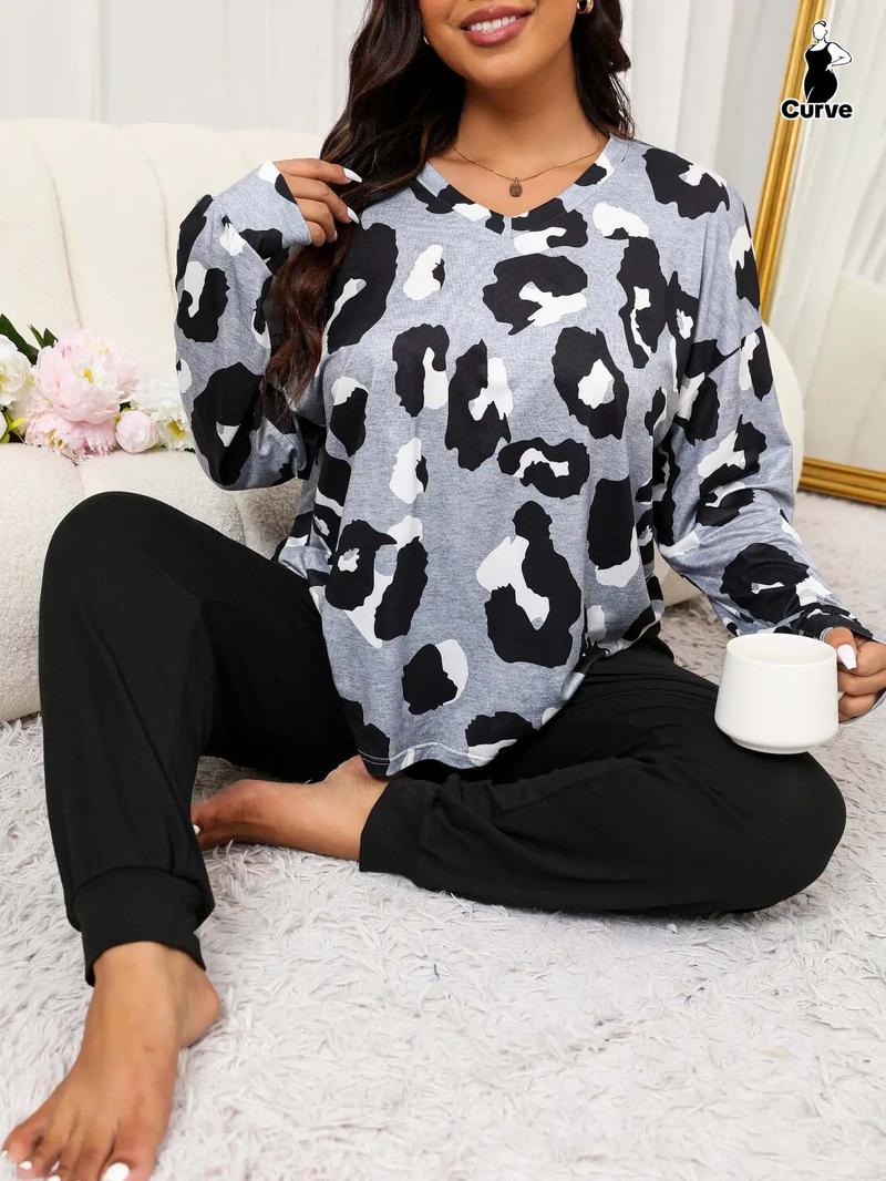 Two-Piece Plus Size Leopard Print Pajama Set Casual Drop Shoulder T-Shirt and Solid Color Long Pants Set for Women Spring and Autumn Pajamas Women's Pajamas