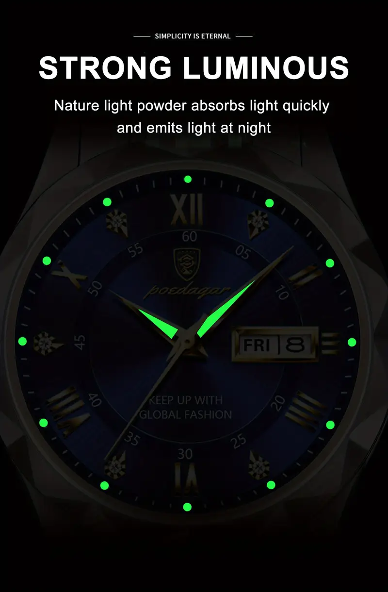 poedagar new swiss mens stainless steel quartz wristwatch students korean version of youth fashion waterproof luminous calendar mens watch details 8