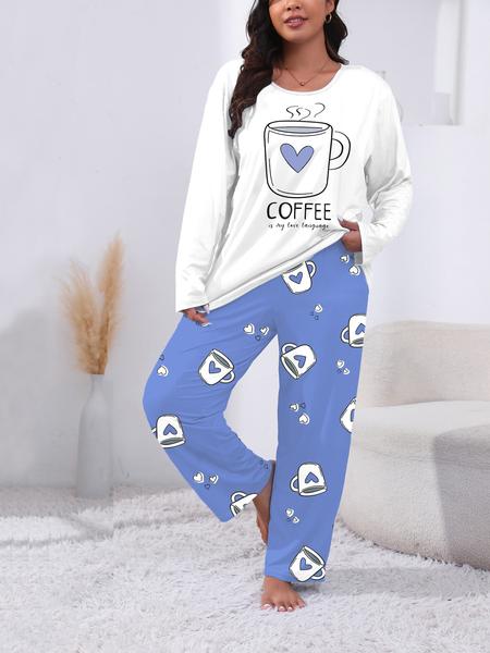 Plus Size Heart Coffee Letter Print Comfortable 2-Piece Pajama Set, Long Sleeve Top & Pants, Casual Fitted Sleepwear for All Seasons