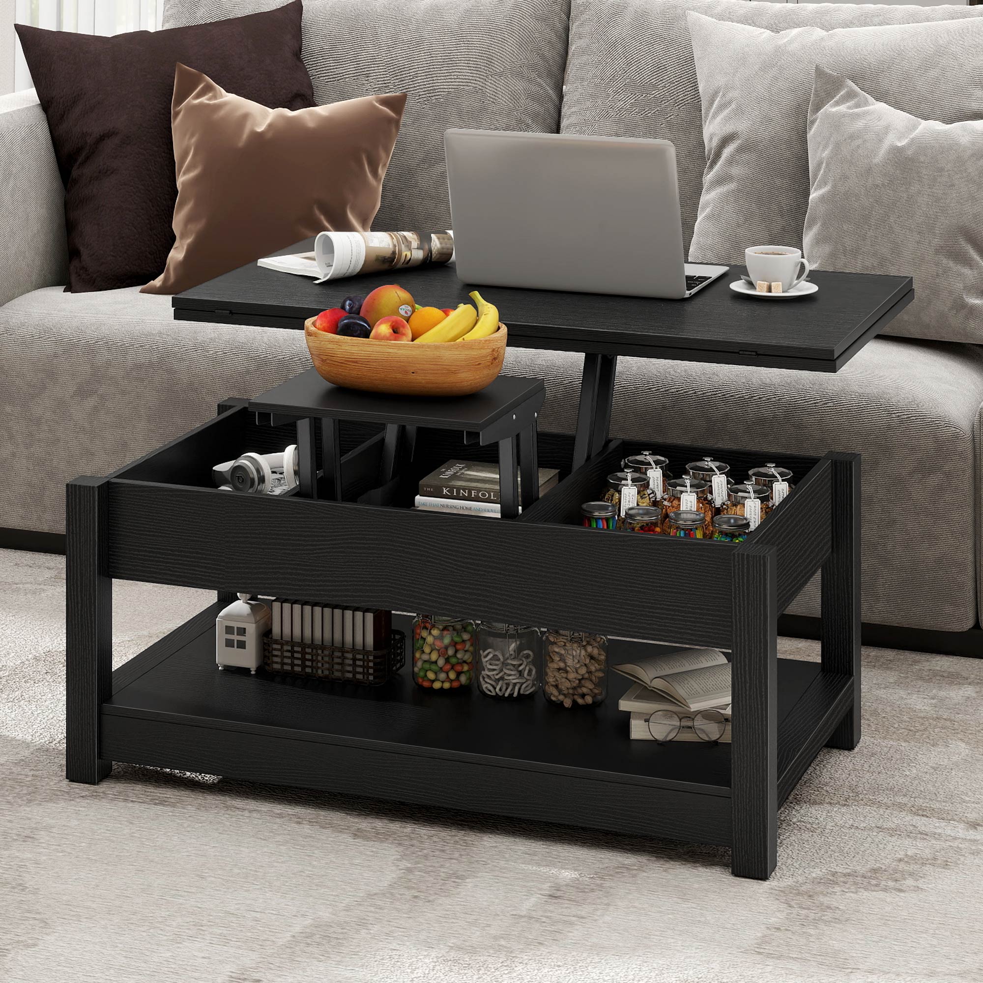 Uforic Farmhouse Lift Top Coffee Table, 3-in-1 Center Table with Storage for Living Room, OAK