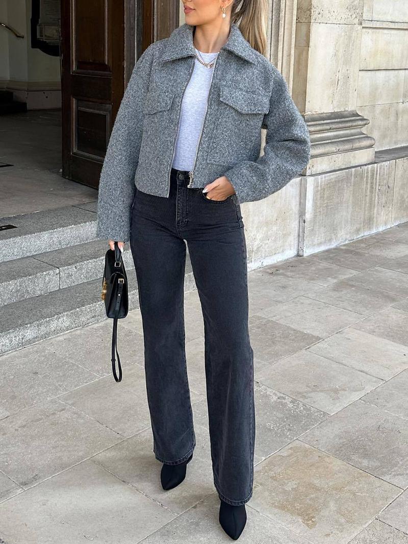 Women's Straight Shoulder Zipper Jacket, Fashion Casual Long Sleeve Outerwear, Daily Outdoor Wear, Fall & Winter Women's Clothing