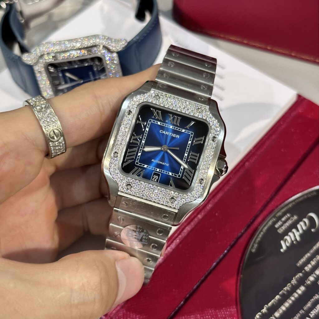Đồng Hồ Cartier Santos Đính Kim Cương Moissanite BVF 39 (1)