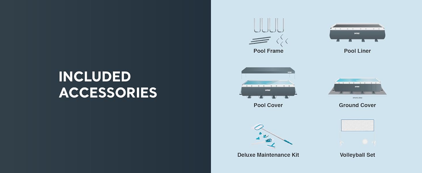 Accessories - pool frame, pool liner, pool cover, ground cover,deluxe maintenance kit,volleyball set