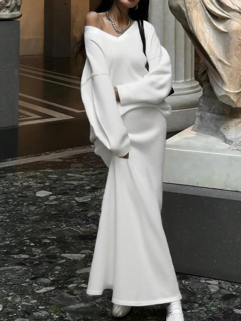 Autumn Winter Casual Loose-Fit Long Sweater Dress Set, Long Sleeve Dresses, Two-Piece Knitwear, Comfortable & Stylish Women's Clothing