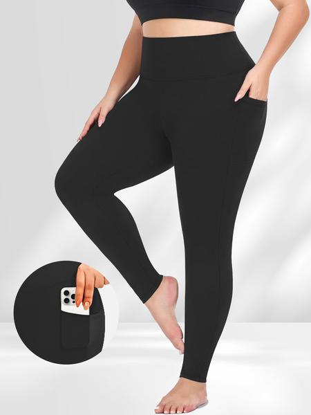Plus Size Solid High Waist Leggings with Pocket, Summer Outfits, Casual High Stretch Skinny Pants for Women, Soft Comfortable Women's Bottoms for All Seasons
