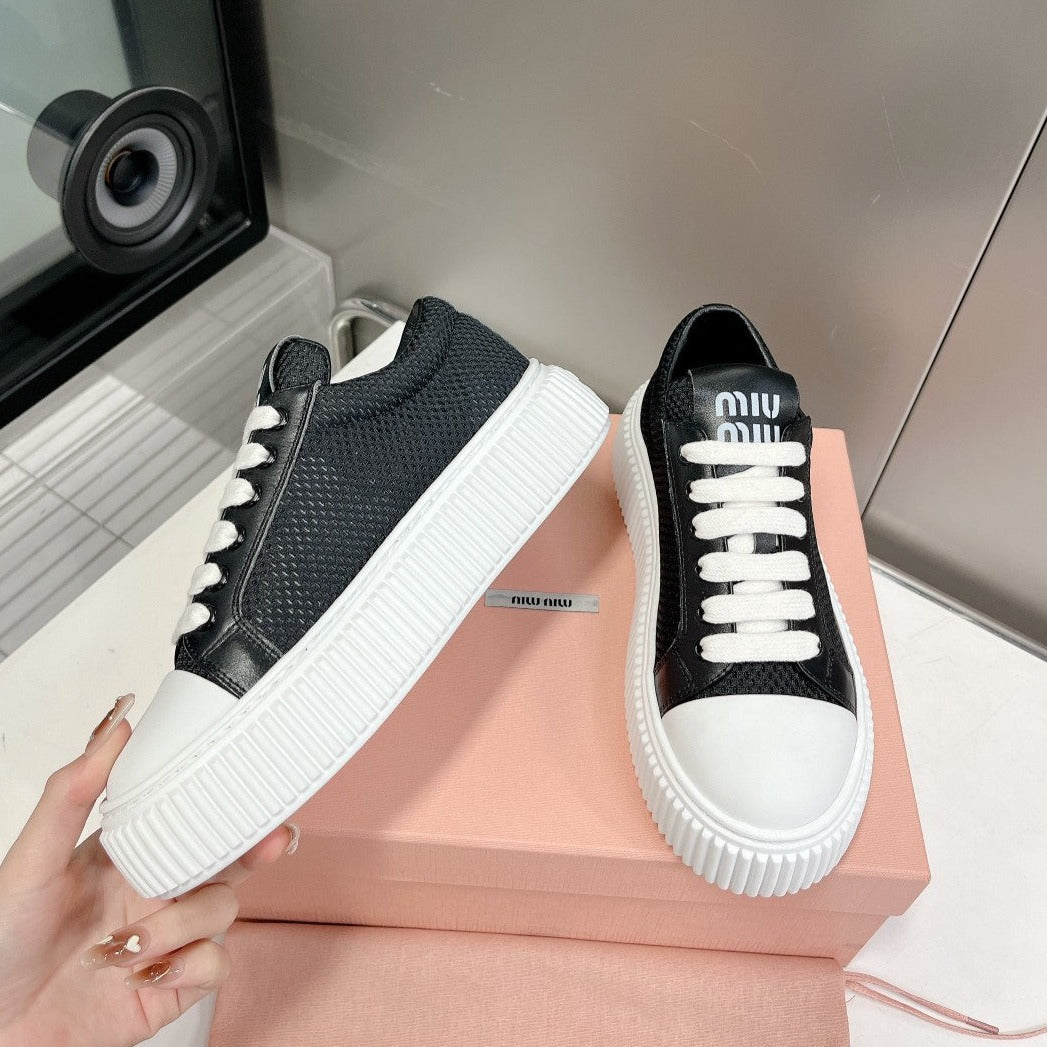 SNEAKERS THICK-SOLED BLACK MESH COWHIDE、mysite、Cacoeks