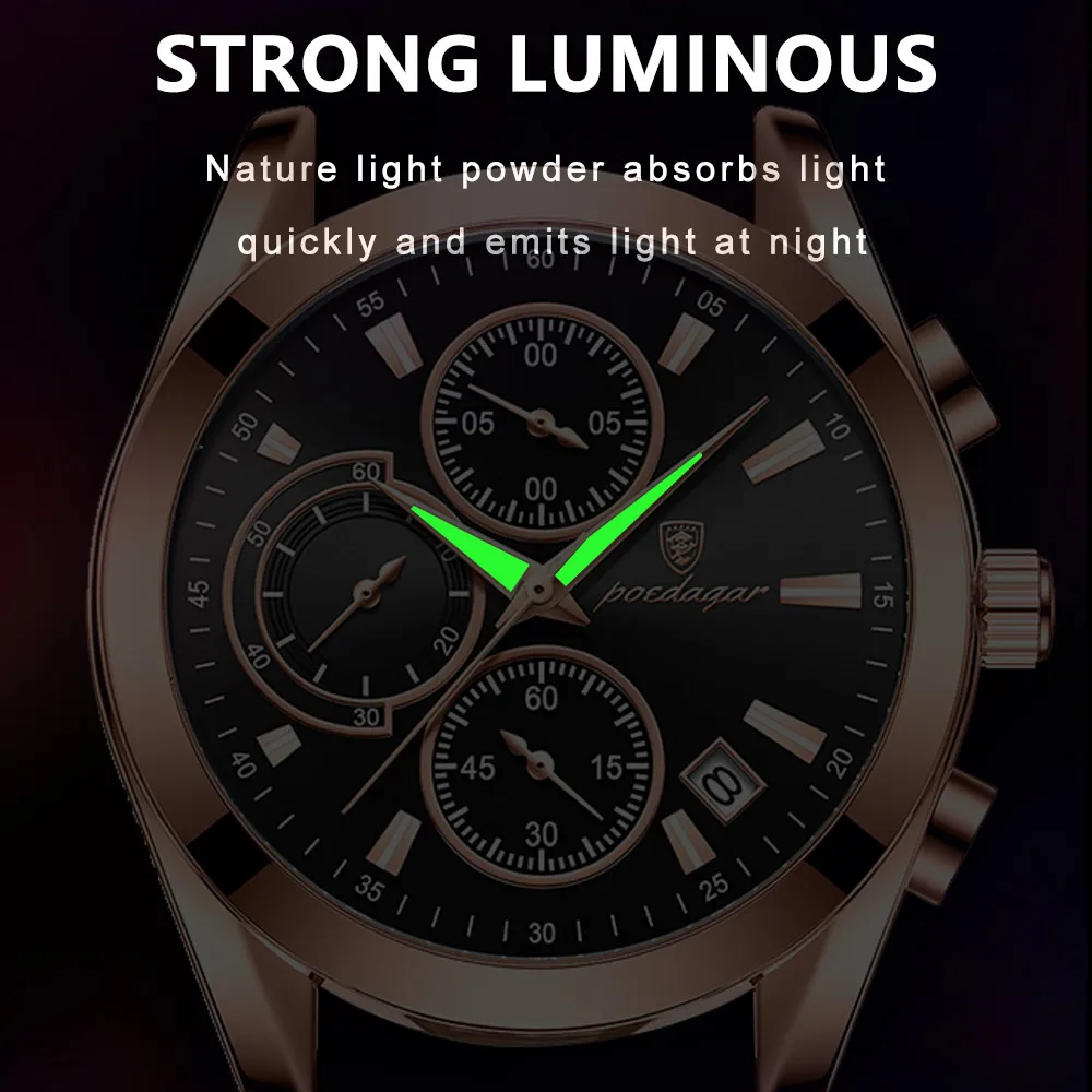 POEDAGAR Men Watches Top Brand Luxury Leather Wristwatch Sport Chronograph Waterproof Luminous Quartz Military Watch for Men