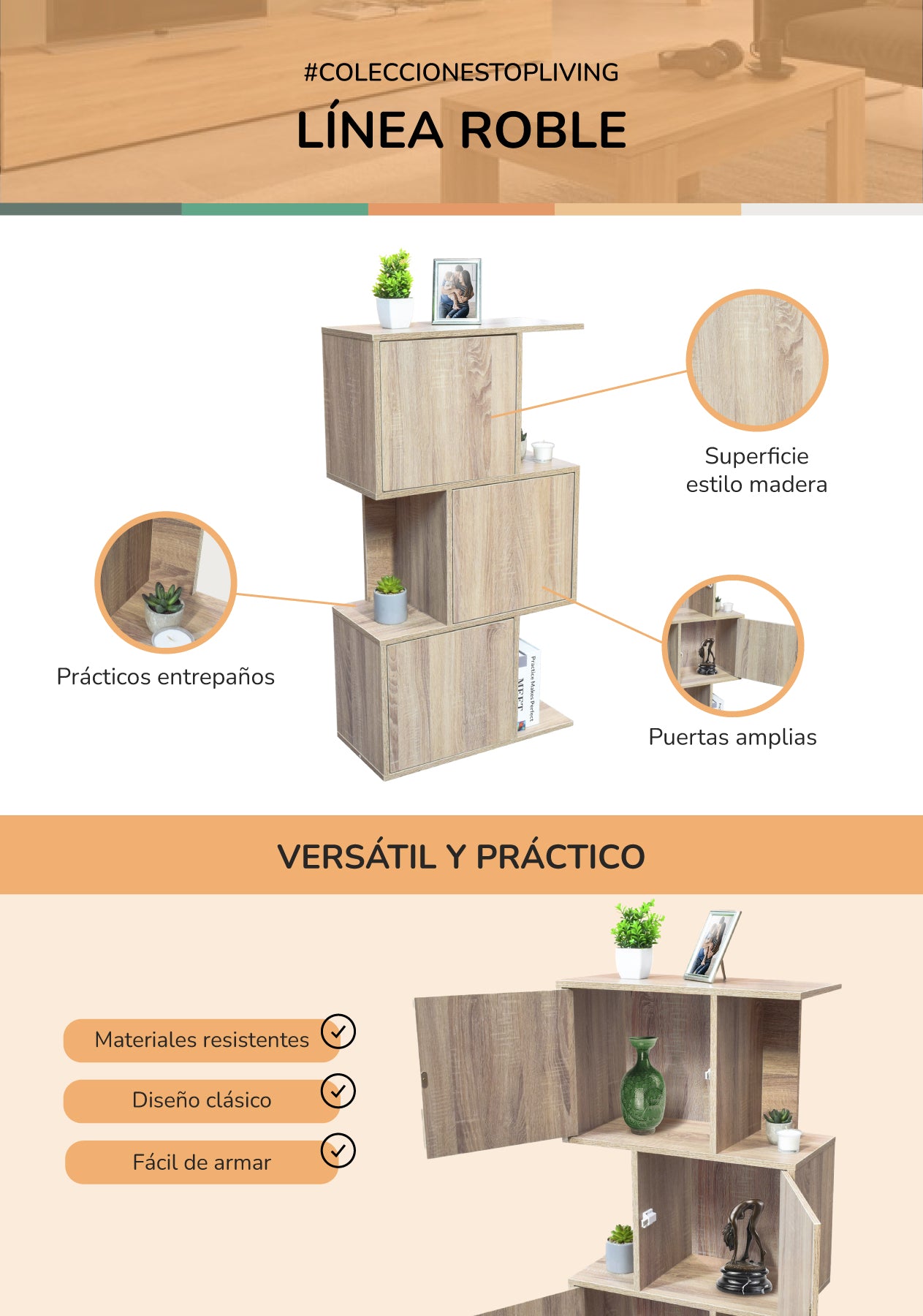 Librero Kioto Vertical con 3 Puertas Beige
