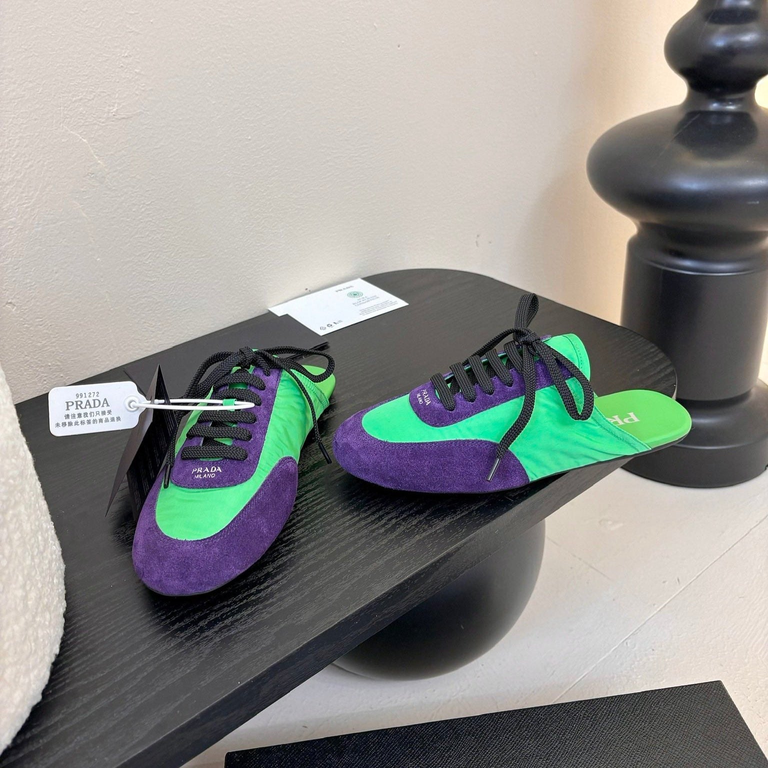 SNEAKER MULES IN GREEN NYLON AND PURPLE SUEDE、mysite、Cacoeks