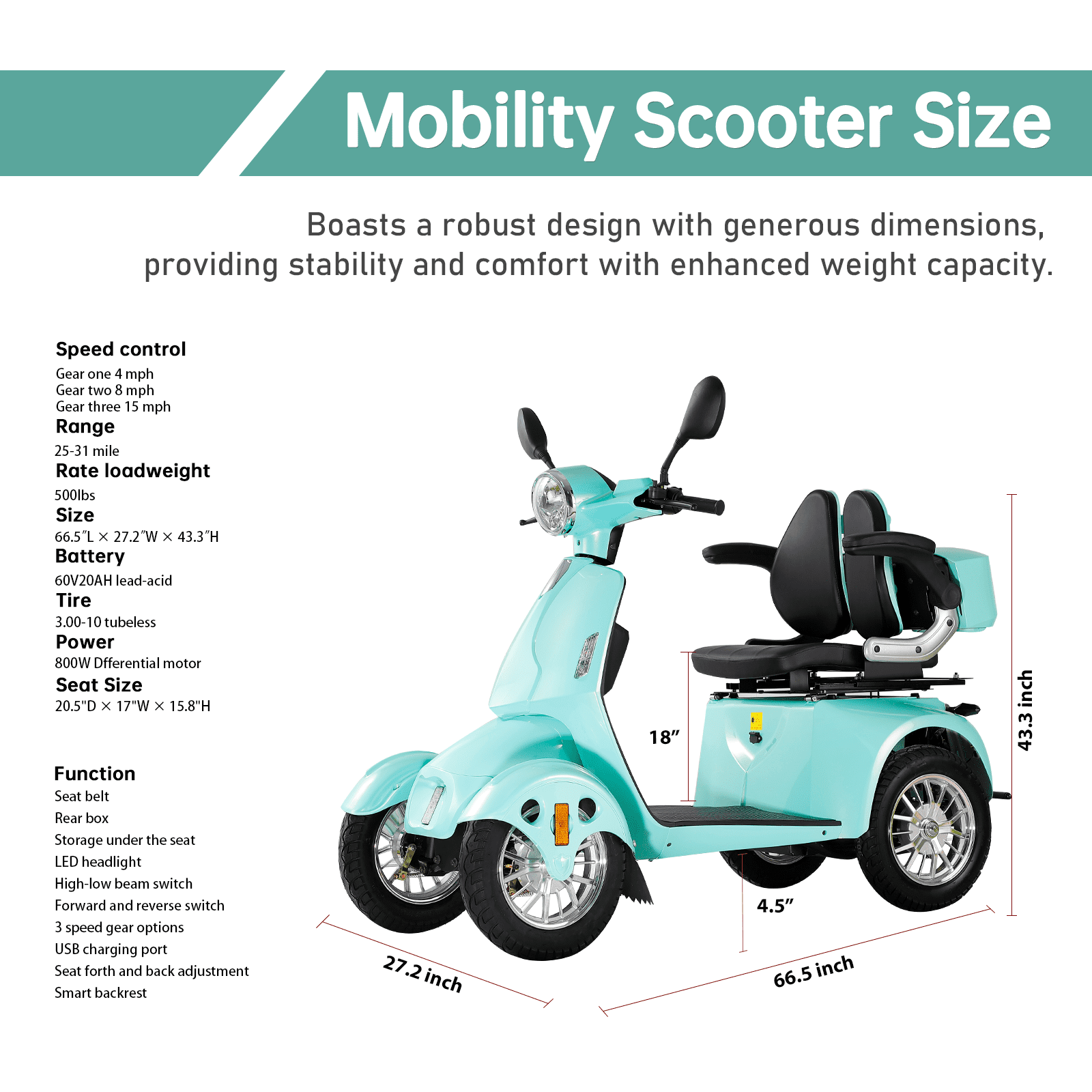 Mobility Scooter 4-Wheel, Green, 800W