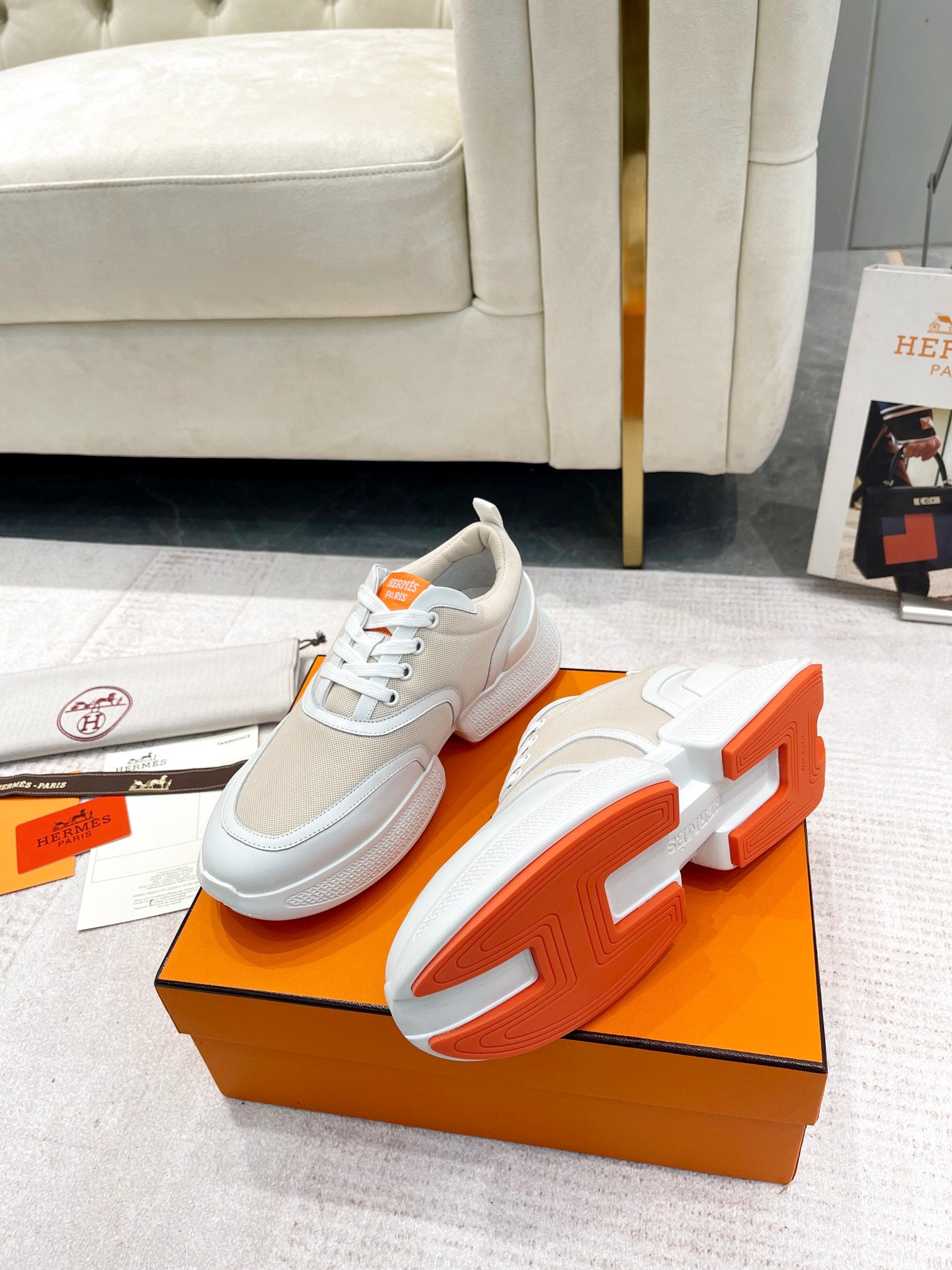 GIGA SNEAKER IN TAN BROWN STITCHED MESH AND WHITE CALFSKIN、mysite、Cacoeks