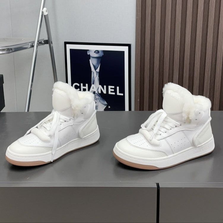 HIGH-TOP SNEAKERS IN WHITE CALFSKIN WITH FLEECE LINING、mysite、Cacoeks
