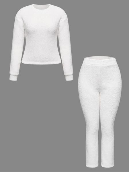 Women's Two-Piece Casual Set, Solid Color Long Sleeve Top & Elastic Wide-Leg Pants Pjs, Comfortable Minimalist Round Neck Sleepwear