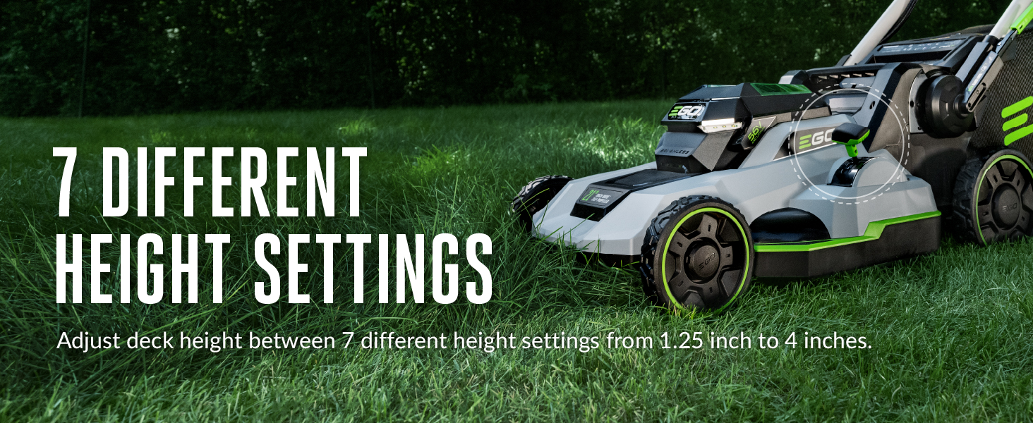 mower with LED lights on cutting tall grass on one of the 7 height settings