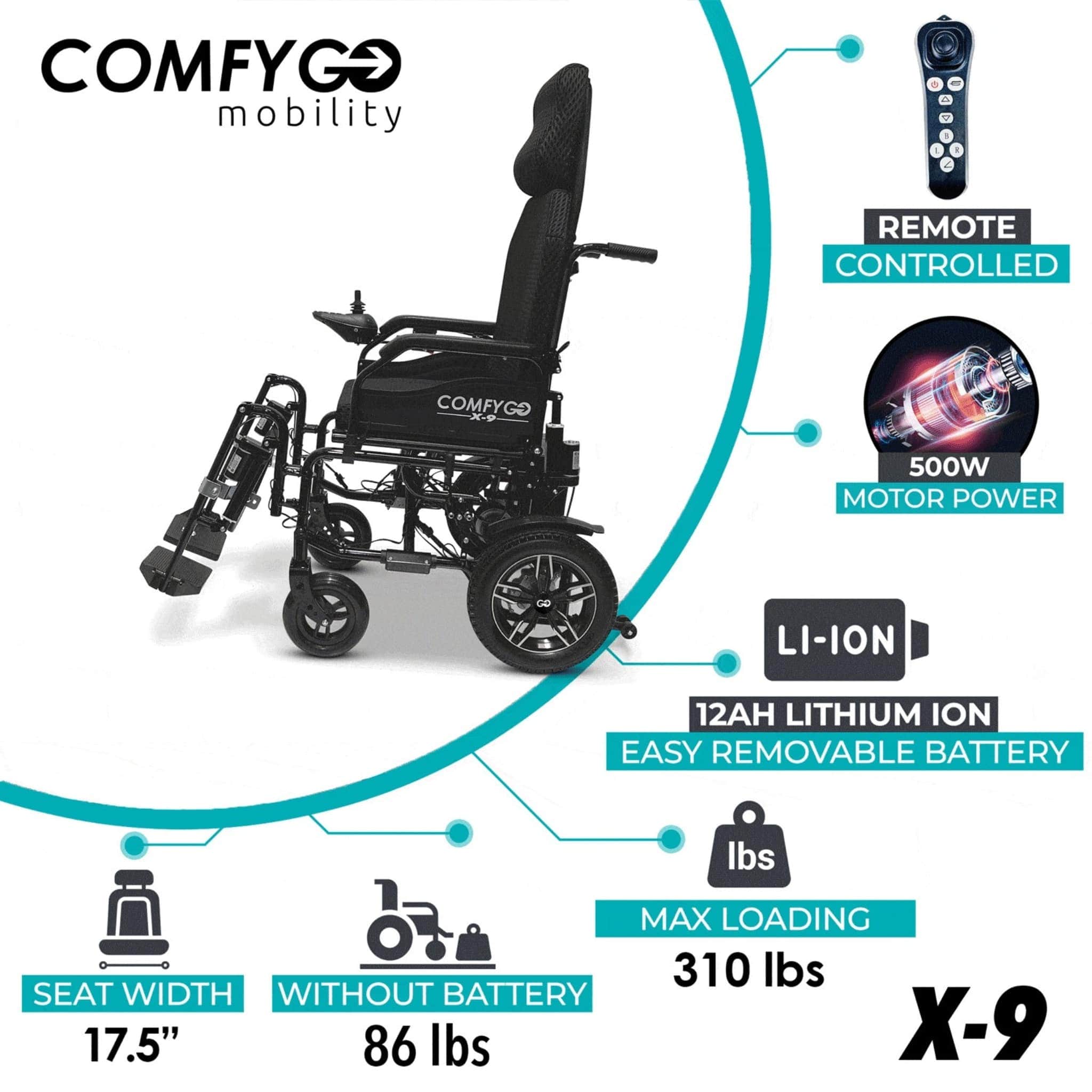 comfygo x-9 remote controlled electric wheelchair with automatic recline