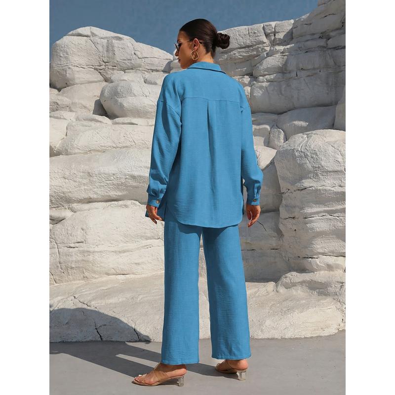 Women's Solid Button Front Shirt & Tie Front Wide Leg Pants Two-piece Set, Casual Drop Shoulder Long Sleeve Blouse Top & Trousers 2 Piece Set for Spring & Fall, Women's Clothes for Daily Wear Womenswear Suits Apricot Basic Minimalist