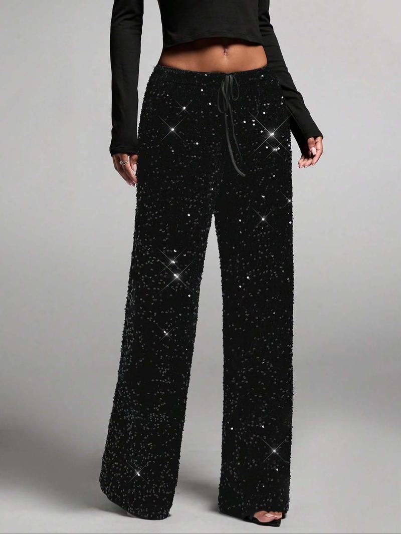 Women's Fashion Pants with Elastic Waistband, Bow Tie Design, Sequin Detailing, Stylish Long Trousers for Casual Wear